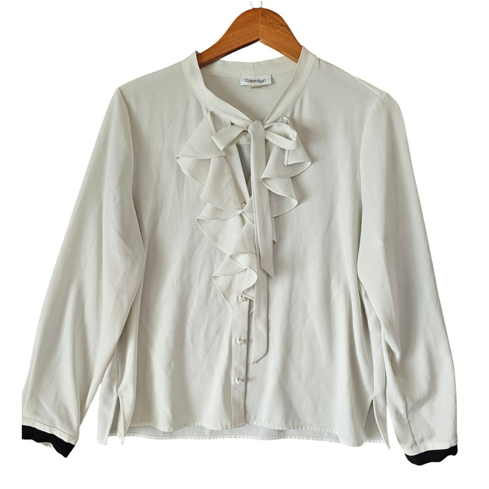 Calvin Klein Womens White Ruffle Tie Neck Blouse Pearl Button Long Sleeve PXL